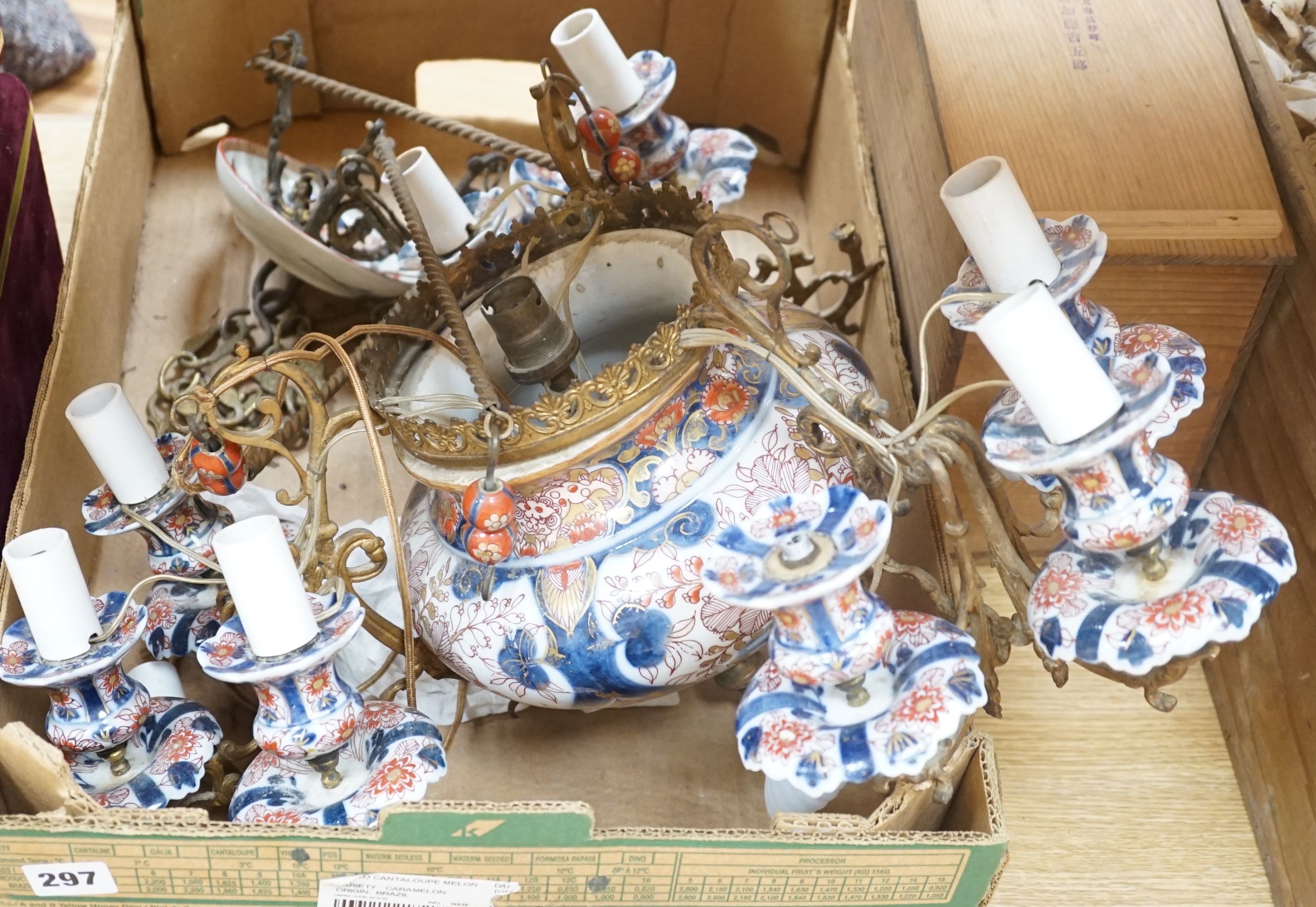 A 19th century spelter and Imari 3 branch chandelier, converted to electric